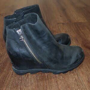 Womens Sorel Joan Of Arctic Wedge II Zip Bootie Black Leather Ankle Boots sz 7.5
